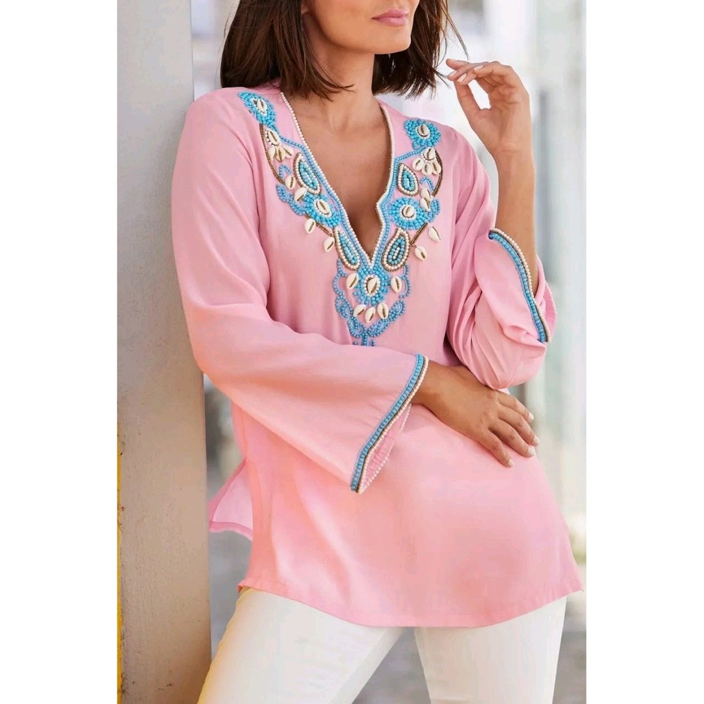Boston Proper Shell Embellished V-Neck Tunic Top Pink Beaded Cowrie Shell Boho L